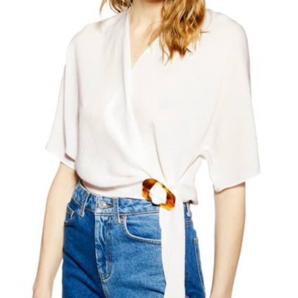 Topshop Ivory Wrap Short Sleeve Blouse with Tortoiseshell Ring